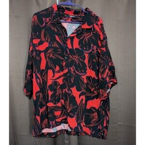 NovaMen Button Up Shirt Red Black Floral Print Short Sleeve XL Hawaiian Beach